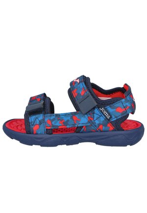 Sandal de patrón azul y rojo con correas ajustables, plantilla texturizada y suela de goma. Diseñado para comodidad y flexibilidad.