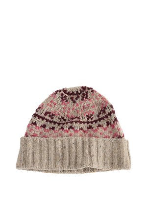 Bonnet en laine tricoté avec bord retourné beige, présentant un motif grenat et rose autour du sommet.