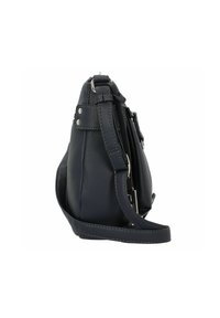 Marineblaue Lederhandtasche, Seitenansicht. Merkmale: strukturierte Oberfläche, verstellbarer Riemen und Hardware in Silberoptik. Kompaktes Design mit leichtem Schwung.