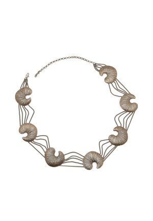 Metal necklace featuring five spiral shell-like pendants. The design includes fine chain links and textured surfaces.