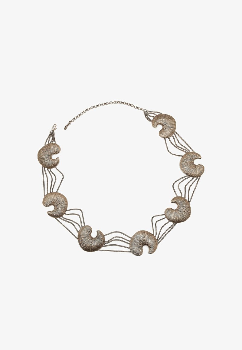 Metal necklace featuring five spiral shell-like pendants. The design includes fine chain links and textured surfaces.