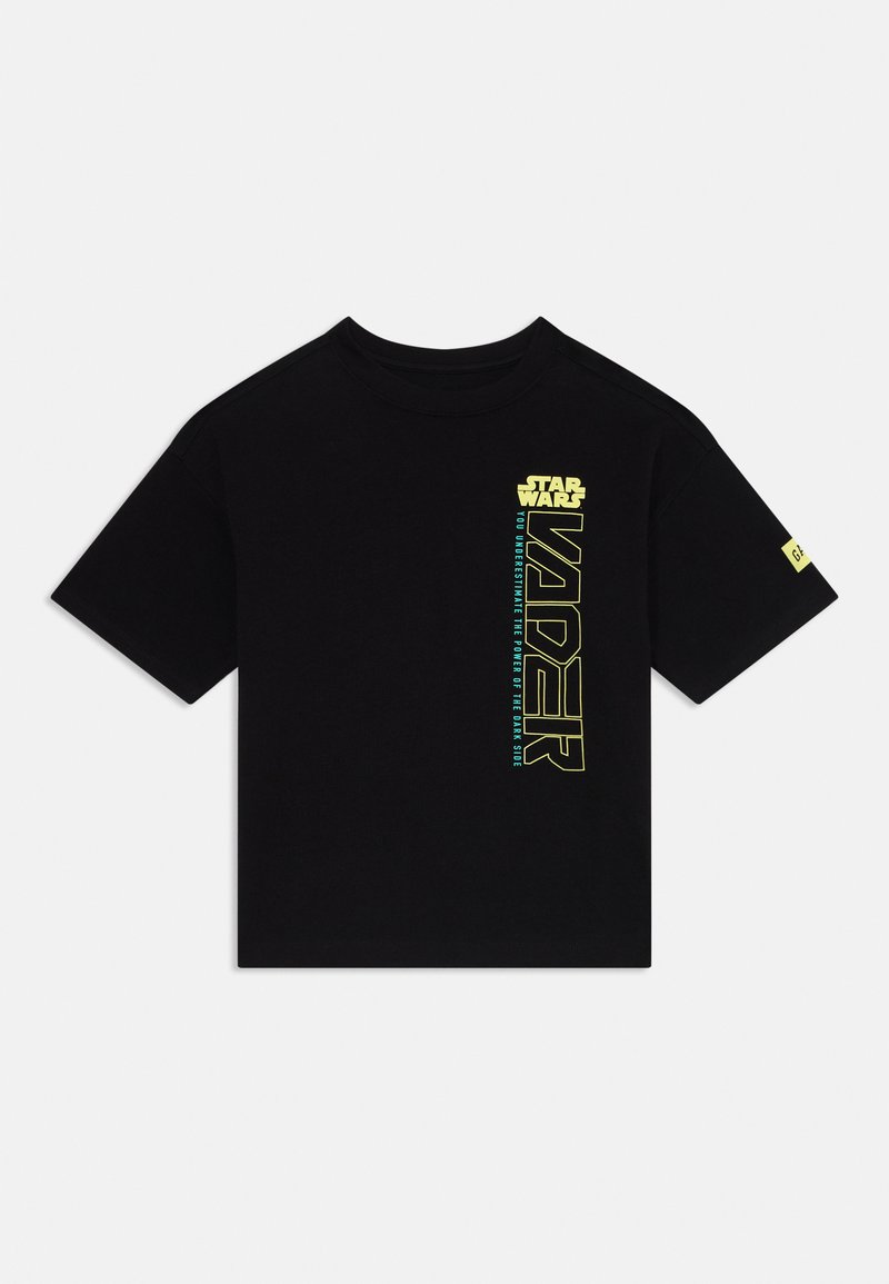 Svart bomulls t-shirt med korta ärmar, med grafiken "STAR WARS" och "VADER" i gul och teal på framsidan.