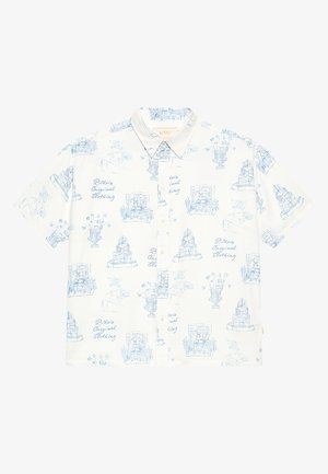 Short-sleeve button-up shirt in white with light blue printed sketches, featuring various outdoor scenes, flowers, and decorative elements.
