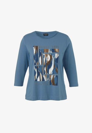 Blauw T-shirt met lange mouwen en een grafische opdruk in crème, bruin en donkerblauw, met de tekst "BRIGHT DAYS" en een gladde textuur.