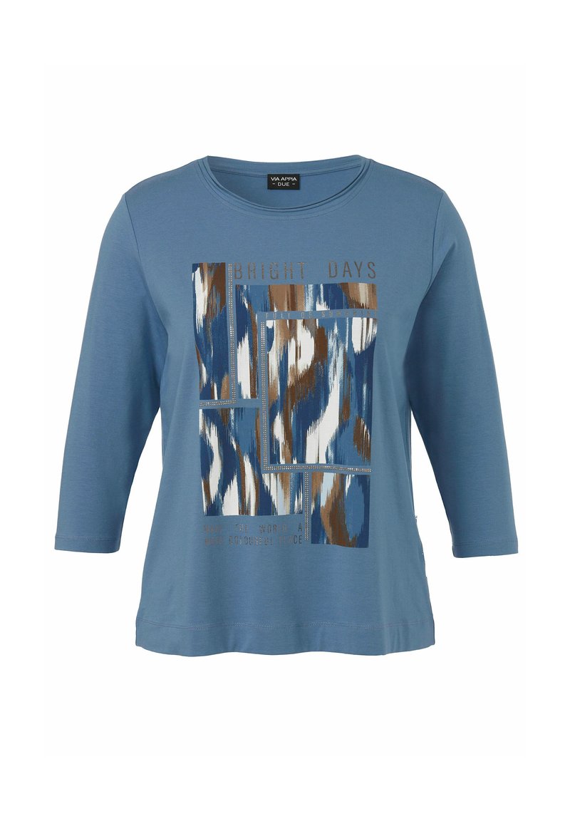 Blaues Langarm-T-Shirt mit einem grafischen Aufdruck in Creme, Braun und dunklerem Blau, mit dem Text "BRIGHT DAYS" und einer glatten Textur.