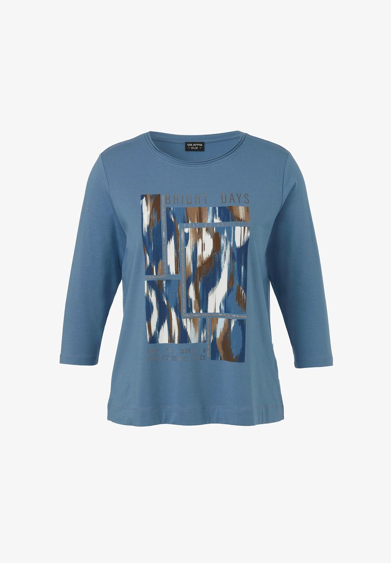 Blaues Langarm-T-Shirt mit einem grafischen Aufdruck in Creme, Braun und dunklerem Blau, mit dem Text "BRIGHT DAYS" und einer glatten Textur.