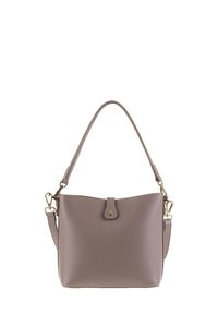 Sac à main en cuir texturé de taille moyenne, dans un mauve doux, avec une anse supérieure, une bandoulière ajustable et des garnitures en métal doré.