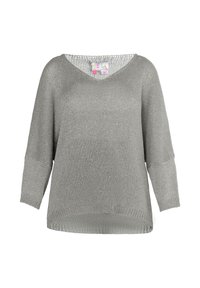 Pilkas megztinis su V formos iškirpte, plačiomis rankovėmis ir laisvu siluetu. Turi tekstūrinį raštą ir subtilų blizgesį medžiagoje.