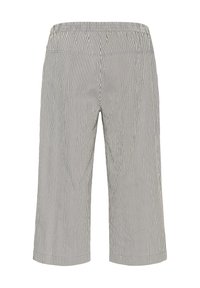 Pantalon court à taille élastique avec des rayures verticales bleu marine et blanches, jambes droites et coupe décontractée.