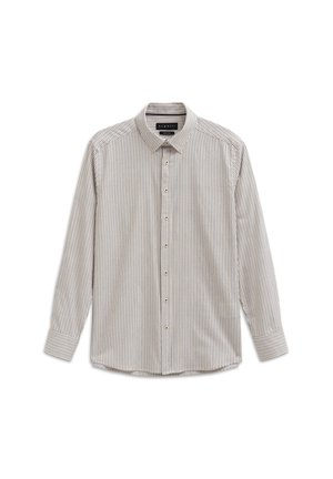 Button-up shirt featuring narrow vertical stripes in beige and navy, long sleeves, a classic collar, and a curved hem. Soft cotton fabric.