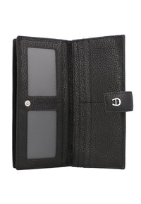 Schwarze Lederbrieftasche mit strukturiertem Finish, ausgestattet mit zwei transparenten Ausweisfächern, mehreren Kartenfächern und einem Druckknopfverschluss.