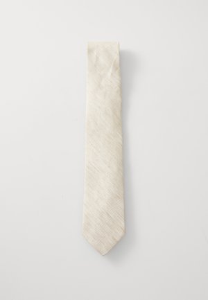 Beige Krawatte mit strukturiertem Finish, mit spitzem Ende und glatter Oberfläche. Das Design ist schlicht, ohne Muster oder Verzierungen.