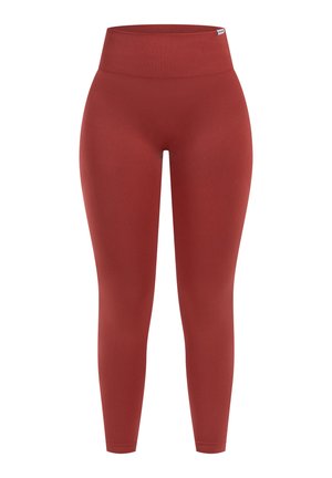 Rote hoch taillierte Leggings aus dehnbarem Stoff, mit glatter Textur und enganpassendem Schnitt, ohne sichtbare Nähte oder Muster.