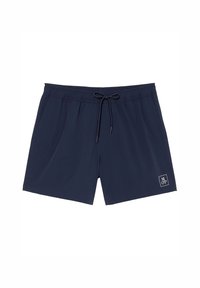 Costumi da bagno navy in tessuto leggero con vita elastica, coulisse e tasche laterali. Presenta un piccolo logo all'orlo.