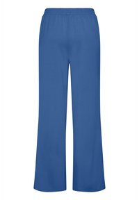 Modré nohavice so širokými nohavicami a elastickým pásom, vyrobené z hladkej tkaniny. Majú jednoduchý dizajn bez ozdôb a bez vreciek.