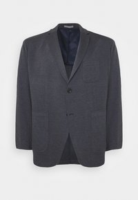 Mörkgrå kavaj i en strukturerad tyg med en knappstängning, två framfickor och en bröstficka. Notched slag och innerfoder i marinblå.