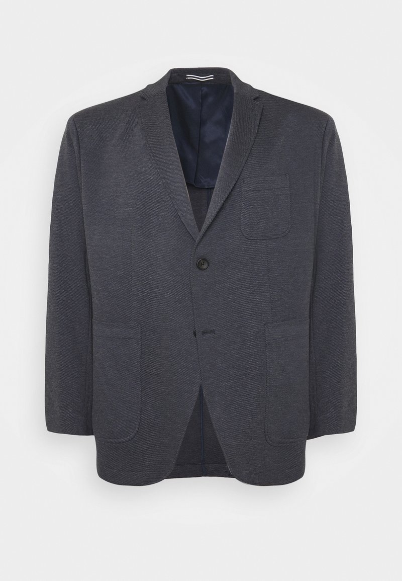 Mörkgrå kavaj i en strukturerad tyg med en knappstängning, två framfickor och en bröstficka. Notched slag och innerfoder i marinblå.