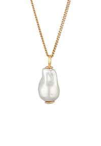 Guldkæde med en stor, uregelmæssigt formet, hvid perle vedhæng med en glat, blank overflade.