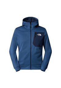 Blauwe zip-up hoodie van zachte stof, met een capuchon, een ritssluitingzak op de linkerkant van de borst en contrasterende donkerblauwe accenten.