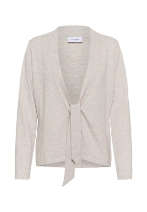 Cardigan lungo a maniche lunghe in maglia beige chiaro con scollo a V profondo, dettaglio con laccio frontale, vestibilità rilassata e sottile trama mouliné.