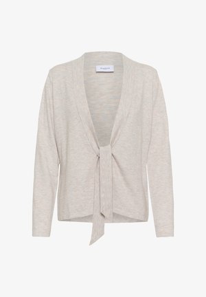 Cardigan lungo a maniche lunghe in maglia beige chiaro con scollo a V profondo, dettaglio con laccio frontale, vestibilità rilassata e sottile trama mouliné.