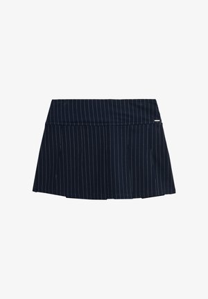 Navy blue mini skirt with thin white vertical pinstripes and a wide waistband, spread flat on a white background.