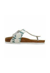 Flip-flop sandal with a white, blue, and patterned strap, cork footbed, and a textured rubber sole. Features a thong design and arch support.