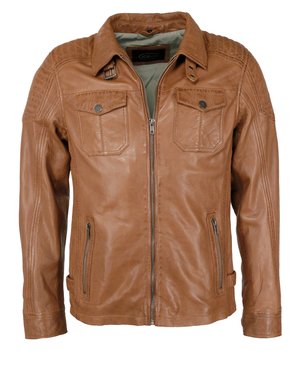 Braune Lederjacke mit Reißverschluss, zwei Brusttaschen, seitlichen Reißverschlusstaschen und strukturierten Schultern. Sie hat eine glatte Oberfläche und eine taillierte Passform.
