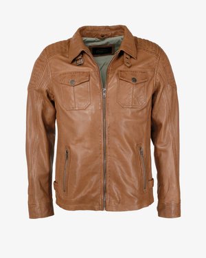 Brun læderjakke med lynlås, to brystlommer, sidelommer med lynlås og teksturerede skuldre. Har en glat overflade og en skræddersyet pasform.