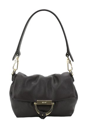 Black leather handbag with gathered texture, gold-tone clasp, and detachable shoulder strap with gold hooks.