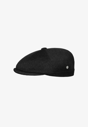 Black wool flat cap with a small round button on top and a metallic brand emblem on the side.