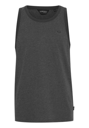 Sötét szürke tank top, puha anyagból készült, kerek nyakkivágással, kontrasztos fekete szegéllyel és egy kis logóval a mellkasán.