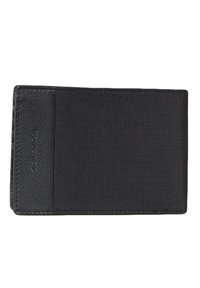 Black wallet made of textured synthetic material with a smooth leather accent. Compact rectangular shape with minimalistic design; no visible hardware.