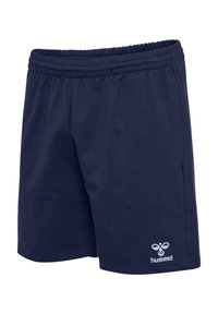 Marineblauwe shorts gemaakt van zachte stof, met een elastische tailleband en zijzakken. Het merkembleem is in het wit geborduurd.