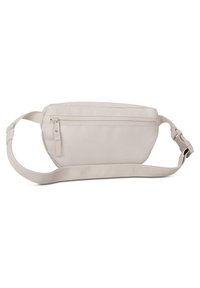 Svetlo béžová pásová taška s hladkým textilným povrchom, vybavená prednou zipsovou kapsou a nastaviteľným popruhom pre bezpečné nosenie.