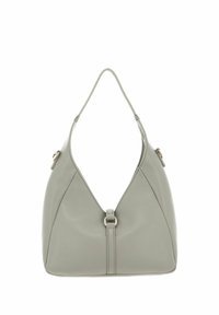 Sac épaule en cuir gris clair avec une seule sangle, forme triangulaire structurée et un détail de boucle centrale.