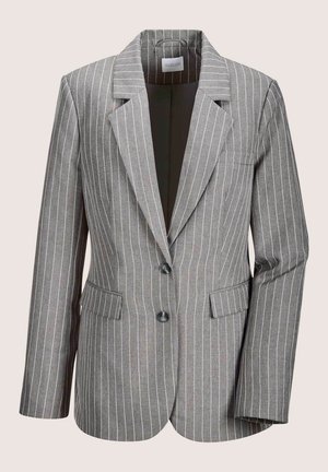 Gray pinstriped blazer with a structured design, notched lapels, two buttons, front pockets, and a lined interior.