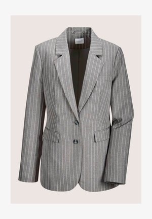 Grijze blazer met krijtstreep, een gestructureerd ontwerp, gelapte revers, twee knopen, voorzakken en een gevoerde binnenkant.