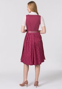Mauve dress with a fitted bodice, lace sleeves, a pleated skirt adorned with a floral pattern, and a satin waist ribbon.
