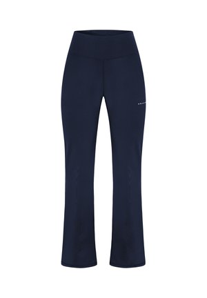 Pantalones de yoga azules marino con campana y cintura alta, hechos de tela elástica. Presentan un logo discreto en el lado izquierdo y textura suave.