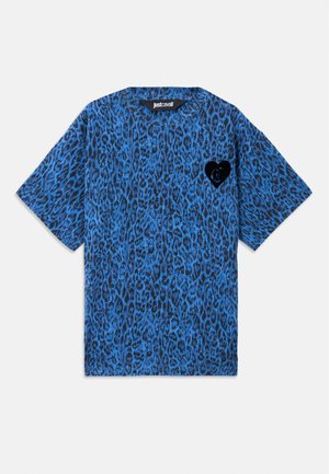Blue leopard print T-shirt with short sleeves, crew neck, and a black heart detail on the left chest. Made of soft fabric.