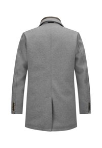Grau wollener Mantel mit geradem Schnitt, Einknopfkragen mit brauner Innenauskleidung und geknöpften Manschetten. Glatte Textur mit einem Rückenschlitz.