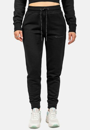 Black jogger pants made of soft cotton blend, featuring a drawstring waistband and ribbed cuffs. Accented with a small logo in light gray.