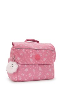 Borsa a spalla con motivo rosa, con chiusura a pattina, manico superiore e un soffice portachiavi a pompon bianco attaccato di lato.