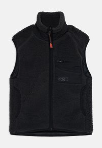 Dark gray fleece vest with a high collar, zip closure, side pockets, and a chest pocket featuring a hidden zipper. Black accents and logo detail.