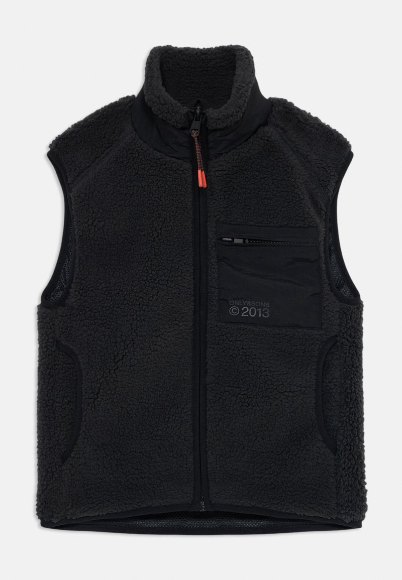 Dark gray fleece vest with a high collar, zip closure, side pockets, and a chest pocket featuring a hidden zipper. Black accents and logo detail.