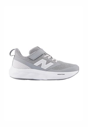 Gray athletic shoe with a mesh upper, padded collar, and a Velcro strap. Features a white foam sole with "FRESH FOAM" printed.