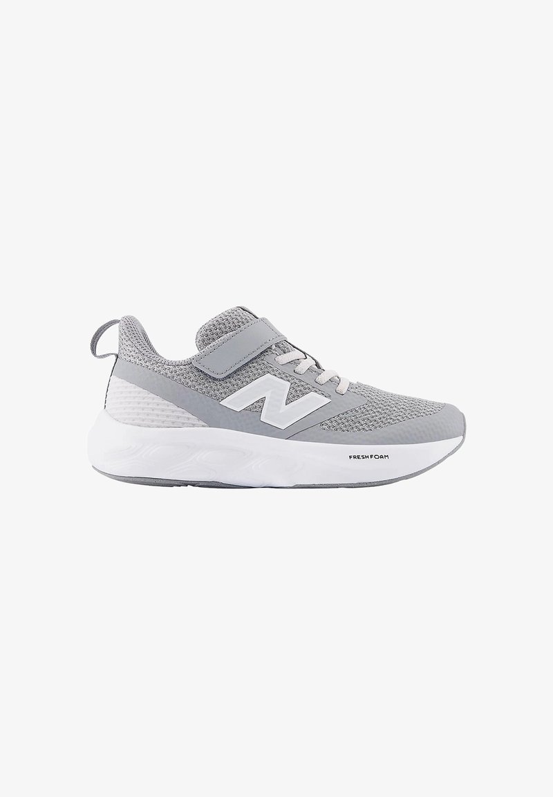Gray athletic shoe with a mesh upper, padded collar, and a Velcro strap. Features a white foam sole with "FRESH FOAM" printed.