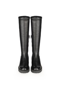 Botas de piel negras hasta la rodilla con una textura suave, suelas resistentes y cremalleras laterales. Diseñadas para ofrecer durabilidad y soporte.