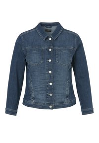 Donkerdenim jack met een kraag, lange mouwen en twee borstzakken. Heeft zilveren knopen en een licht getailleerd ontwerp.